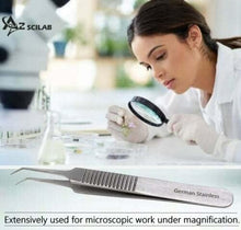 Load image into Gallery viewer, Lab Forceps Fine Point Angled Needle Tip 4.5" Tweezers, Stainless Steel, Ridged