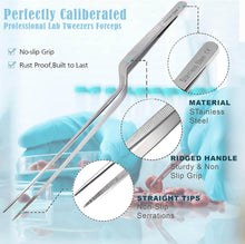 Load image into Gallery viewer, Offset Dissecting Forceps Stainless Steel Micro Fine Serrated Tips 12" Tweezers