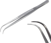Load image into Gallery viewer, Dissecting Forceps Stainless Steel Micro Fine Point Serrated Tips 8" Curved Tweezers