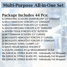 Load image into Gallery viewer, Set of 44 Pcs Scissors, Hemostats, Forceps, Scalpel Handle, Needle Holder, Blades, All in One Kit