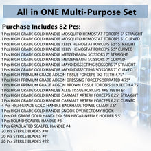 Load image into Gallery viewer, Set of 82 Pcs Gold Handle Scissors, Hemostats, Forceps, Scalpel Handles, Blades, All in One Kit