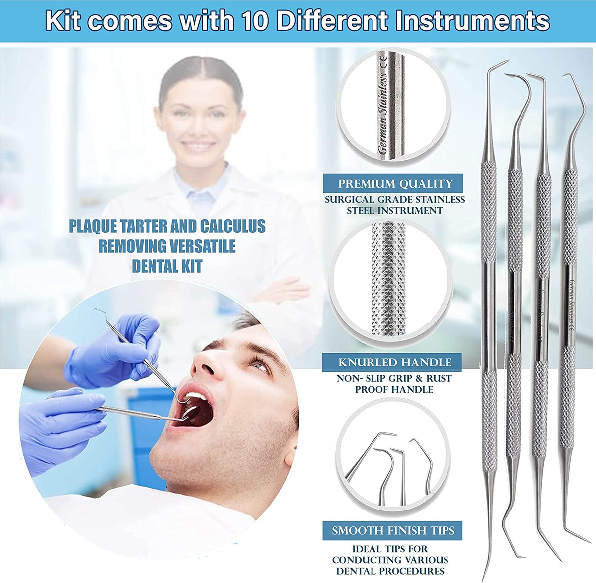 Dental Tools, 10 Pack Stainless Steel Plaque Remover Teeth Cleaning Tools  Set, Oral Care Hygiene Kit with Meta Plaque Cleaner, Tartar Picks, Tooth