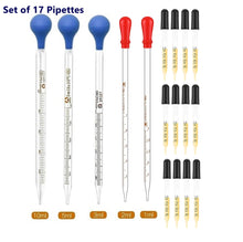 Load image into Gallery viewer, Glass Pipettes Graduated Droppers Set of 17 Pcs with Rubber Heads Lab Pipettors Droppers for Liquid & Essential Oils