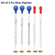 Load image into Gallery viewer, Set of 5 Glass Graduated Lab Pipette Droppers for Liquid & Oil 1/2/3/5/10ml