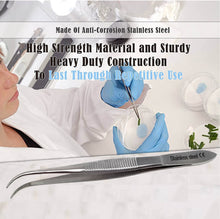Load image into Gallery viewer, Dissecting Forceps Stainless Steel Micro Fine Point Serrated Tips 4.5" Curved Tweezers