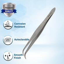 Load image into Gallery viewer, Dissecting Forceps Stainless Steel Micro Fine Point Serrated Tips 4.5" Curved Tweezers