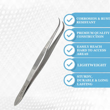 Load image into Gallery viewer, Dissecting Forceps Stainless Steel Micro Fine Point Serrated Tips 4.5" Curved Tweezers