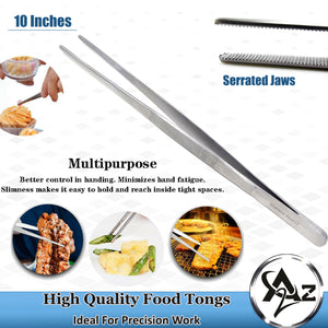 Kitchen Tweezers Stainless Steel Food Tongs Straight Serrated Tips 10" (25cm) Large Tweezers for BBQ