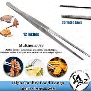 Stainless Steel Kitchen Tweezers Straight Serrated Tips 12" Large Food Tongs for Commercial & Home Kitchen Use