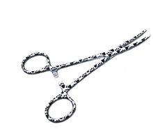 Load image into Gallery viewer, Hemostat Forceps 5.5" (14cm) Curved Serrated Jaws, Stainless Steel, Black & White Paws