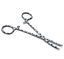 Load image into Gallery viewer, Hemostat Forceps 5.5" (14cm) Curved Serrated Jaws, Stainless Steel, Black & White Paws