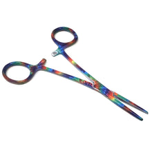 Load image into Gallery viewer, Hemostat Forceps 5.5" (14cm) Straight Serrated Jaws, Stainless Steel, Tie Dye Pattern