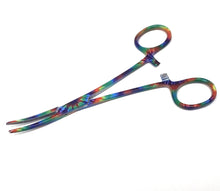 Load image into Gallery viewer, Hemostat Forceps 5.5" (14cm) Curved Serrated Jaws, Stainless Steel, Tie Dye Pattern