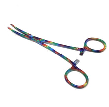 Load image into Gallery viewer, Hemostat Forceps 5.5" (14cm) Curved Serrated Jaws, Stainless Steel, Tie Dye Pattern