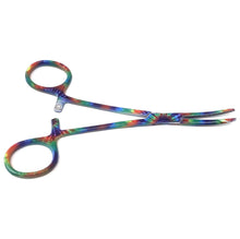 Load image into Gallery viewer, Hemostat Forceps 5.5" (14cm) Curved Serrated Jaws, Stainless Steel, Tie Dye Pattern