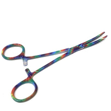 Load image into Gallery viewer, Hemostat Forceps 5.5" (14cm) Curved Serrated Jaws, Stainless Steel, Tie Dye Pattern