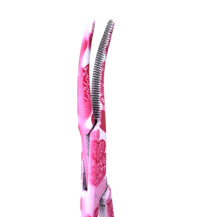 Load image into Gallery viewer, Hemostat Forceps 5.5" (14cm) Curved Serrated Jaws, Stainless Steel, Pink Hearts
