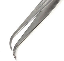 Load image into Gallery viewer, Iris Eye Dressing Dissecting Forceps 4" Fine Point Half Curved Serrated Tips