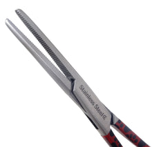 Load image into Gallery viewer, Hemostat Forceps 5.5" (14cm) Straight Serrated Jaws, Stainless Steel, Red Paws Handle