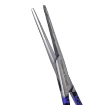 Load image into Gallery viewer, Hemostat Forceps 5.5" (14cm) Straight Serrated Jaws, Stainless Steel, Purple Paws Handle