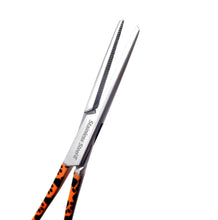 Load image into Gallery viewer, Hemostat Forceps 5.5" (14cm) Straight Serrated Jaws, Stainless Steel, Orange Paws Handle