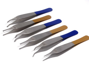 Set of 6 Adson Forceps Stainless Steel 4.75" Straight + Angled Dissecting Tweezers, Color Coded