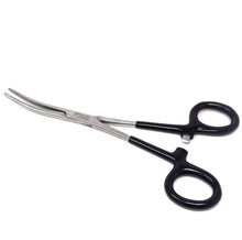 Load image into Gallery viewer, Black PVC Vinyl Grip Handle Hemostat Forceps Curved Serrated 6"