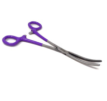 Load image into Gallery viewer, Purple PVC Vinyl Grip Handle Hemostat Forceps Curved Serrated 8"