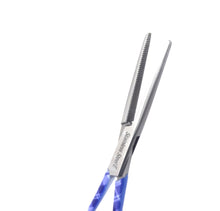 Load image into Gallery viewer, Hemostat Forceps 5.5" (14cm) Straight Serrated Jaws, Stainless Steel, Purple Plaids Handle