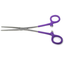 Load image into Gallery viewer, Pet Hair Pulling Serrated Ratchet Forceps, Stainless Steel Grooming Tool, Purple Vinyl Grip 8" STR