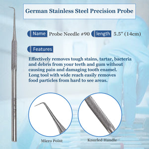 Professional Dental Probe #90, Right Angle, Stainless Steel, 5.5 inch