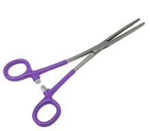 Load image into Gallery viewer, Pet Hair Pulling Serrated Ratchet Forceps, Stainless Steel Grooming Tool, Purple Vinyl Grip 8" STR