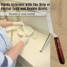 Load image into Gallery viewer, Stainless Steel Lab Spatula with Wooden Handle, 4" Offset Bayonet Blade, 8" Total Length