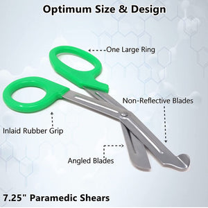 12/Pack Green Handle Trauma Shears 7.25" Stainless Steel Scissors for Paramedics, EMT, Nurses, Firefighters + More