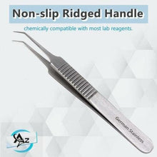 Load image into Gallery viewer, Lab Forceps Fine Point Angled Needle Tip 4.5" Tweezers, Stainless Steel, Ridged

