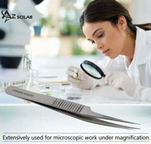 Load image into Gallery viewer, Lab Forceps Fine Point Offset Straight Tip 4.75" Tweezers, Stainless Steel, Ridged
