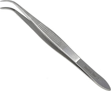Load image into Gallery viewer, Dissecting Forceps Stainless Steel Micro Fine Point Serrated Tips 4.5" Curved Tweezers
