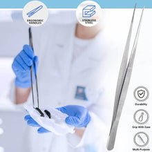 Load image into Gallery viewer, Dissecting Forceps Stainless Steel Micro Fine Point Serrated Tips 10" Straight Tweezers
