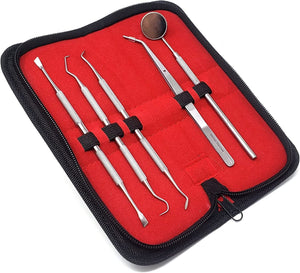 Dentist Tools Kit - Stainless Steel Dental Pick, Scaler, Plaque Remover, Mouth Mirror, Tweezers - 5 Pcs Dental Hygiene Set in a Case