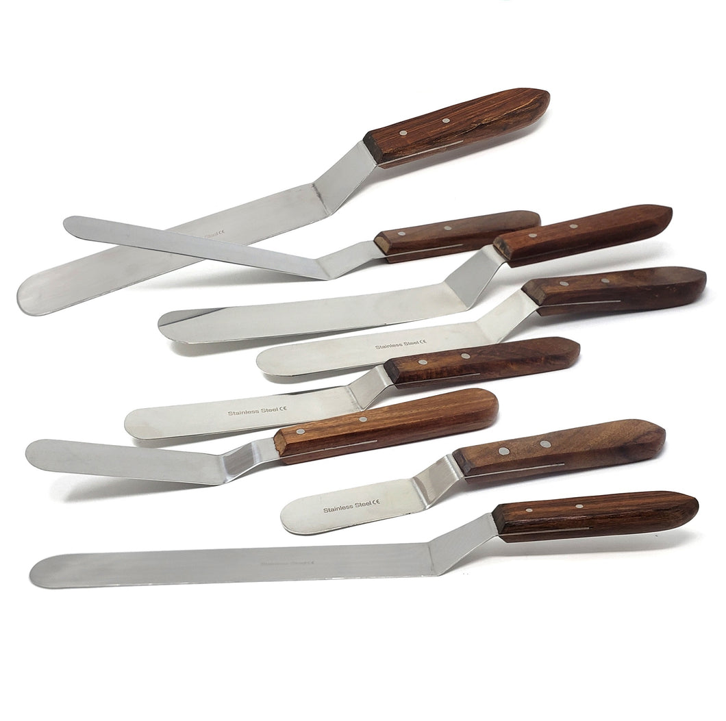 Set of 8 Pcs Stainless Steel Cake Decorating Angled Icing Spatulas Wooden Handle, Offset Blades