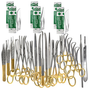 Set of 82 Pcs Gold Handle Scissors, Hemostats, Forceps, Scalpel Handles, Blades, All in One Kit