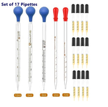 Load image into Gallery viewer, Glass Pipettes Graduated Droppers Set of 17 Pcs with Rubber Heads Lab Pipettors Droppers for Liquid &amp; Essential Oils
