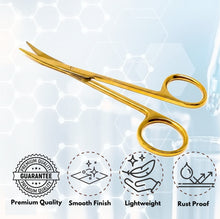 Load image into Gallery viewer, Micro Dissecting IRIS Lab Scissors Sharp Fine Points 4.5" Curved Stainless Steel Shears, Gold
