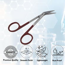 Load image into Gallery viewer, Micro Dissecting IRIS Lab Scissors Angled Blades 4.5" Stainless Steel Shears, Maroon Handle
