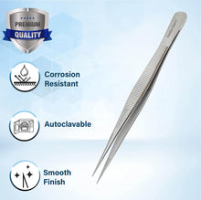 Load image into Gallery viewer, Dissecting Forceps Stainless Steel Micro Fine Point Serrated Tips 5.5" Straight Tweezers
