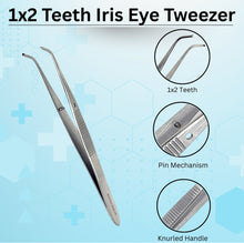 Load image into Gallery viewer, Iris Eye Tissue Dissecting Forceps 4" Fine Point Half Curved 1x2 Teeth Tips Jaws
