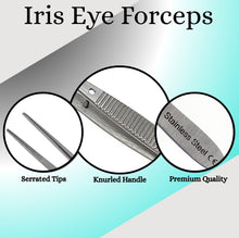 Load image into Gallery viewer, Iris Eye Dressing Dissecting Forceps 4" Fine Point Straight with Serrated Tips
