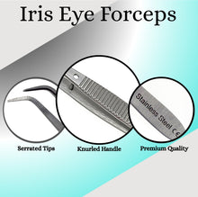Load image into Gallery viewer, Iris Eye Dressing Dissecting Forceps 4" Fine Point Half Curved Serrated Tips
