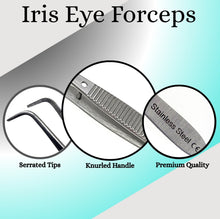 Load image into Gallery viewer, Iris Eye Dressing Dissecting Forceps 4" Fine Point Full Curved Serrated Tips
