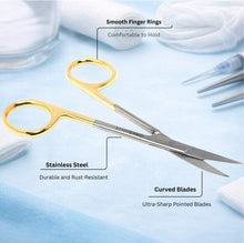 Load image into Gallery viewer, Gold Handle Dissecting Iris Sharp Fine Point Scissors 4.5", Curved
